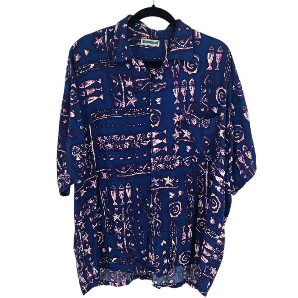 Vtg Samson mens XL hawaiian tiki fish button up shirt short sleeve chest pocket